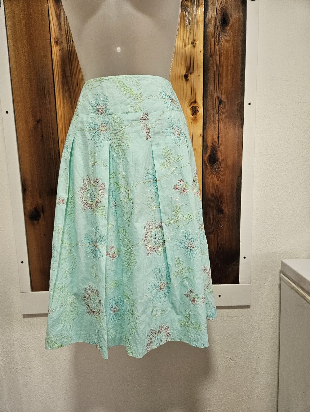 Floral Embroidered A-Line Skirt in Light Aqua